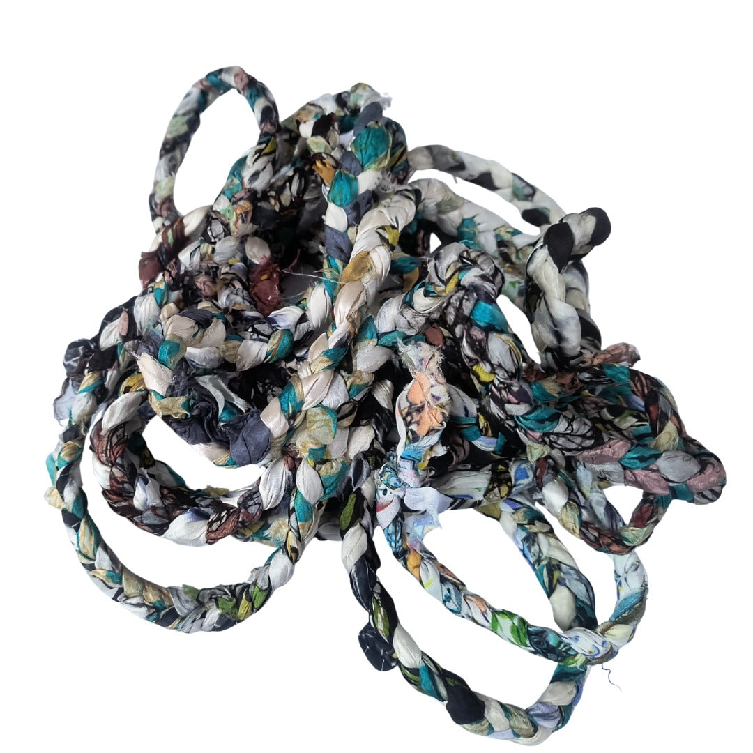 Knitsilk Handmade Braided Sari Silk Cord - Recycled Ribbon Cording, Art | 100 grams |