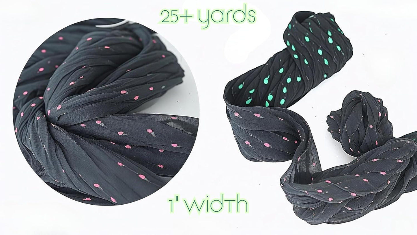 Knitsilk 3-Pack Black Polka Dot Mulberry Silk Chiffon Ribbons – 25+ Yards Each