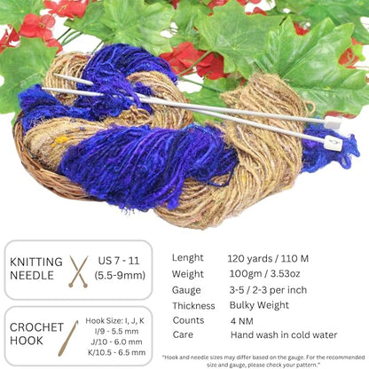 Knitsilk Handspun Recycled Sari Silk Yarn – Grey & Blue Combo | 2 x 100g Skeins | Eco-Friendly Bulky Yarn for Knitting, Crocheting & Weaving