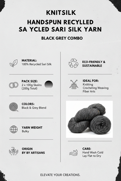 Knitsilk Handspun Recycled Sari Silk Yarn – Black & Grey Combo | 2 x 100g Skeins | Eco-Friendly Bulky Yarn for Knitting, Crocheting & Weaving