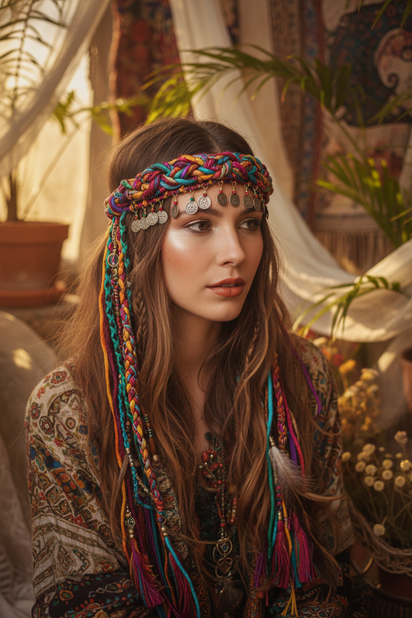 Bohemian Gypsy Headband with Braided Sari Silk Cord