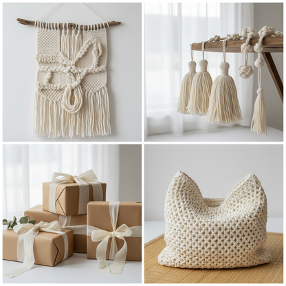 Collage of 4 projects made with natural white sari silk ribbon