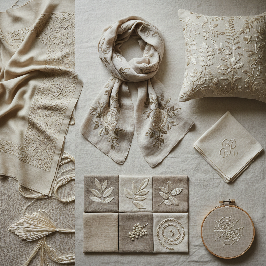 Collage of embroidered products made with mulberry silk thread