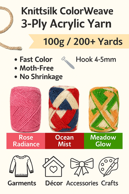 Knitsilk ColorWeave – 3‑Ply Acro Multicolor Yarn (100g Ball, 200+ Yards) | Meadow Glow