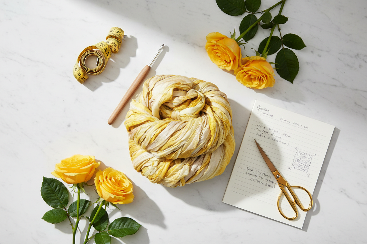 Knitsilk Recycled Shibori Sari Silk Ribbon Yarn-Yellow | Best for Crochet, Knitting, and Embroidery |50 GMS-30 Yards