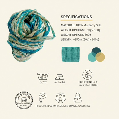 Knitsilk Recycled Shibori Sari Silk Ribbon Yarn-Light Blue| Best for Crochet, Knitting, and Embroidery |50 GMS-30 Yards