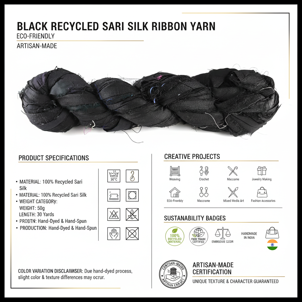 Knitsilk Recycled Sari Silk Ribbon Yarn — Super Bulky Black(50g / 30 yd)