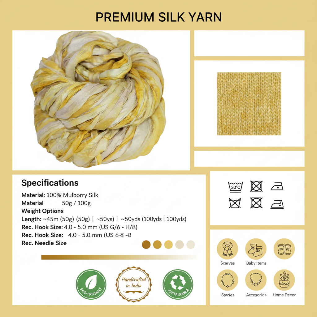 Knitsilk Recycled Shibori Sari Silk Ribbon Yarn-Yellow | Best for Crochet, Knitting, and Embroidery |50 GMS-30 Yards