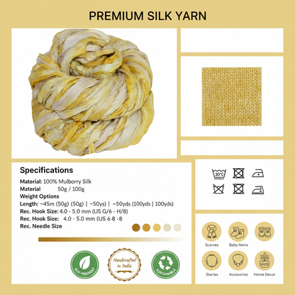 Knitsilk Recycled Shibori Sari Silk Ribbon Yarn-Yellow | Best for Crochet, Knitting, and Embroidery |50 GMS-30 Yards