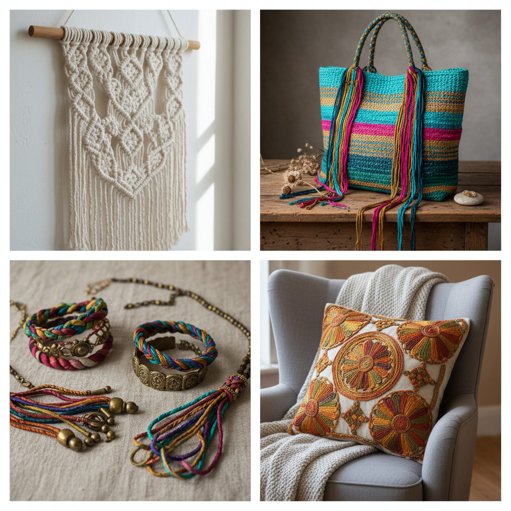 Four different projects made with braided sari silk cord