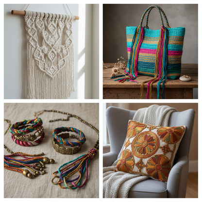 Four different projects made with braided sari silk cord