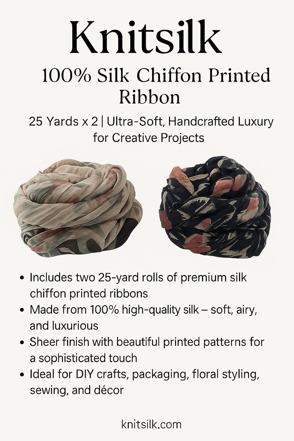Knitsilk 100% Silk Chiffon Frayed Bulky Printed Ribbon – 25 Yards × 2 Pack