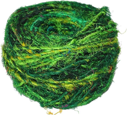Knitsilk Recycled Sari Silk Yarn – Ocean of Green Colour | 85 Yards | 100g | Eco-Friendly Handspun Fiber for Knitting, Crochet & Weaving