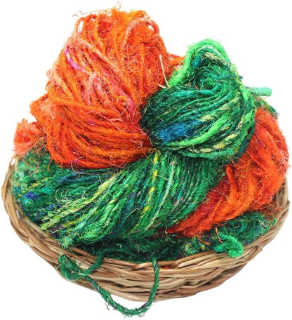 Knitsilk Handspun Recycled Sari Silk Yarn – Orange & Green Combo | 2 x 100g Skeins | Eco-Friendly Bulky Yarn for Knitting, Crocheting & Weaving