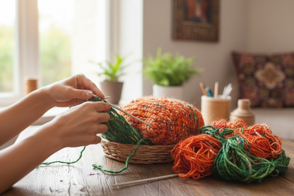 Knitsilk Handspun Recycled Sari Silk Yarn – Orange & Green Combo | 2 x 100g Skeins | Eco-Friendly Bulky Yarn for Knitting, Crocheting & Weaving