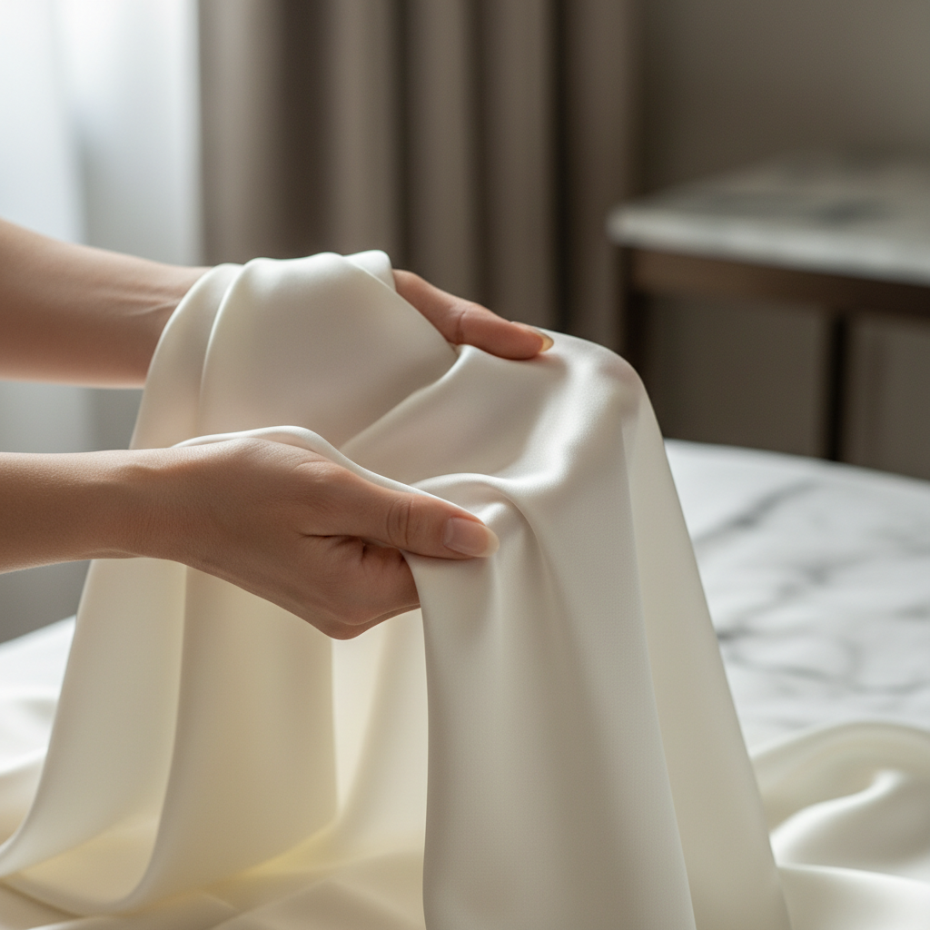 Hands holding silk charmeuse fabric