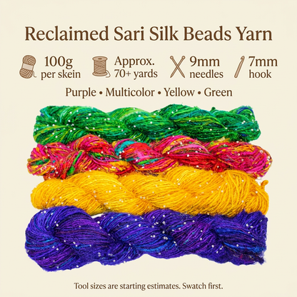 Reference-based infographic: recycled sari silk beads yarn, 100g, approximately 70+ yards, 9mm needles and 7mm hook starting estimates; four colour options shown, not a four-skein pack.