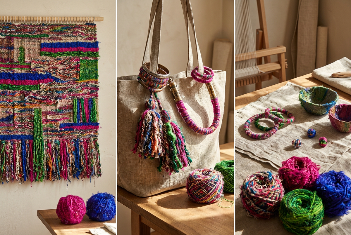 AI-generated artisan studio lifestyle collage with colourful sari silk craft ideas; conceptual inspiration, additional materials required.