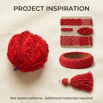 Red sari silk woven panel, wrapped bangle and tassel project inspiration; not tested patterns, additional materials required.