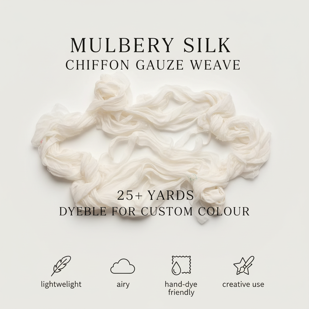 Infographic showing mulberry silk, chiffon gauze weave, 25 plus yards, and dyeable custom colour