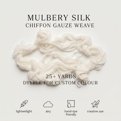 Infographic showing mulberry silk, chiffon gauze weave, 25 plus yards, and dyeable custom colour