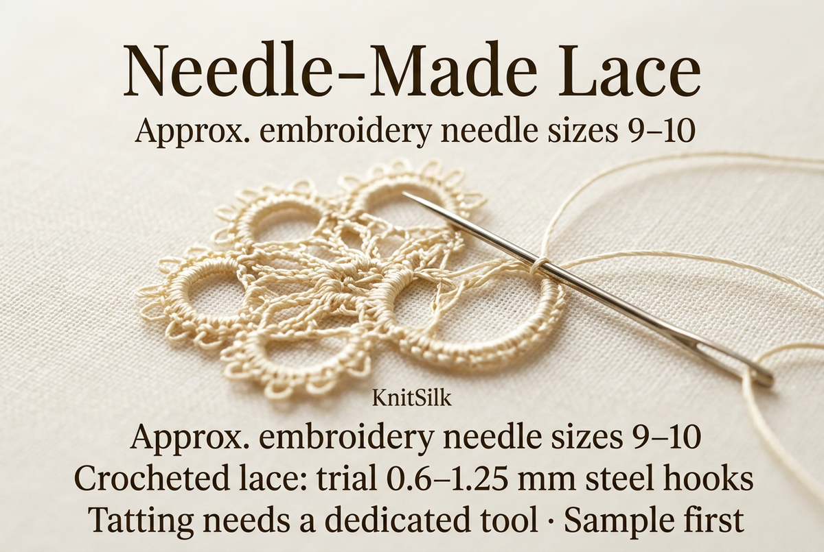 Illustrative needle-made lace guide, approximate embroidery needle sizes 9–10