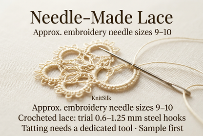Illustrative needle-made lace guide, approximate embroidery needle sizes 9–10