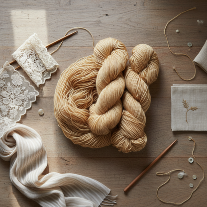 Tussah wild silk yarn shown with lace textile, scarf detail, woven sample, and embroidery work