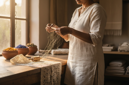 Adult textile artist working with fine natural Tussah wild silk combed yarn in an Indian craft studio