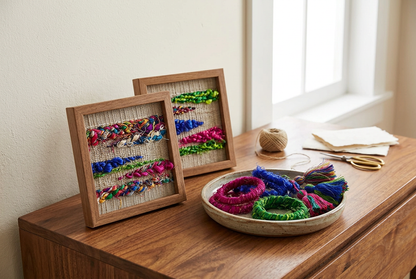 AI-generated interior lifestyle inspiration with sari silk woven art and accessories in multiple colours; not tested patterns or guaranteed yields.