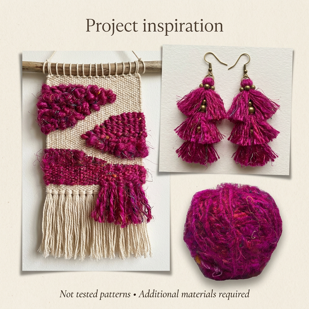 Pink recycled sari silk woven panel and tassel jewellery inspiration; not tested patterns, additional materials required.
