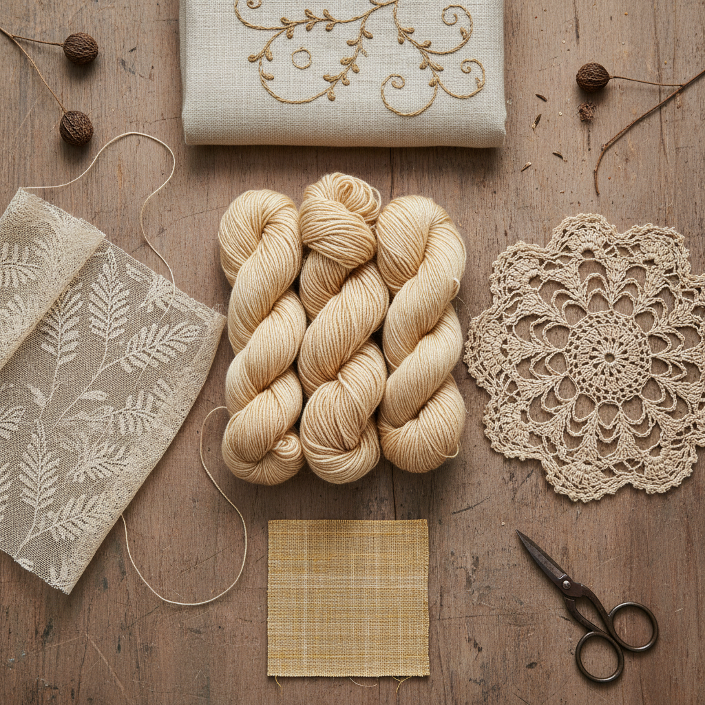 Natural Tussah wild silk yarn shown with a fine lace shawl, crochet lace, woven silk sample, and embroidery work