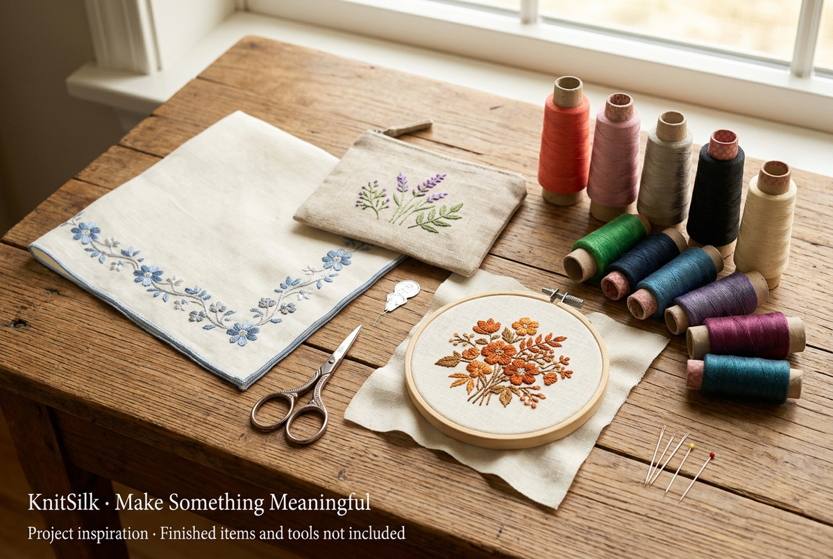 Illustrative embroidery studio with finished-project inspiration; finished items and tools are not included