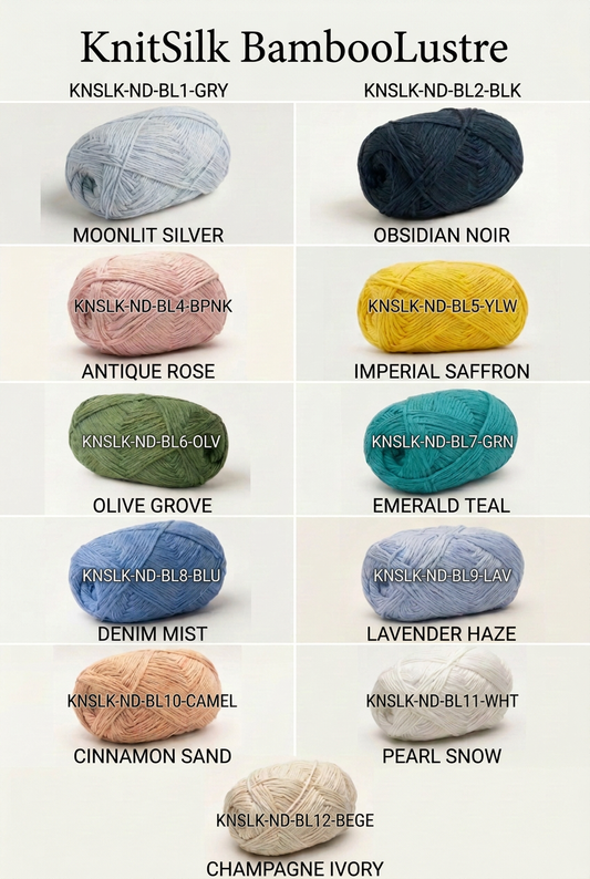KnitSilk BambooLustre eleven-colour catalogue with SKU numbers and fancy shade names