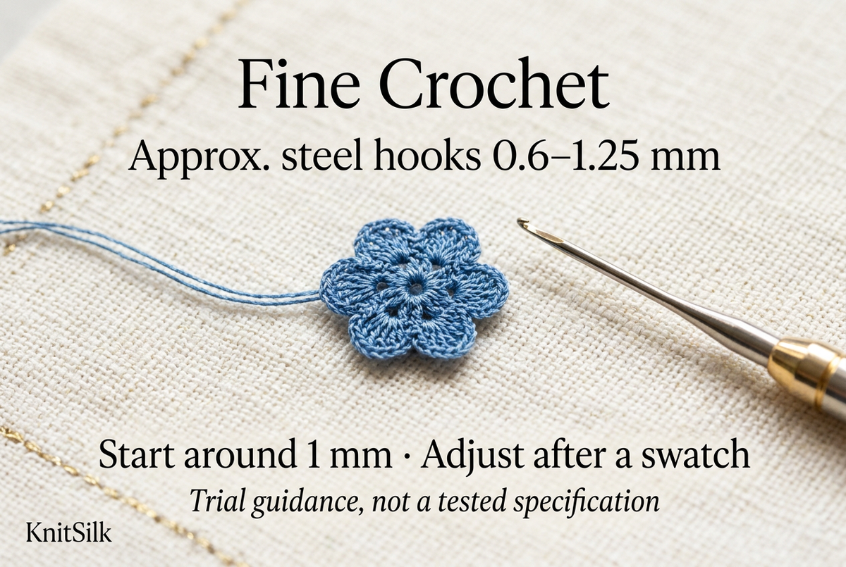 Illustrative fine crochet guide, approximate steel hooks 0.6–1.25 mm