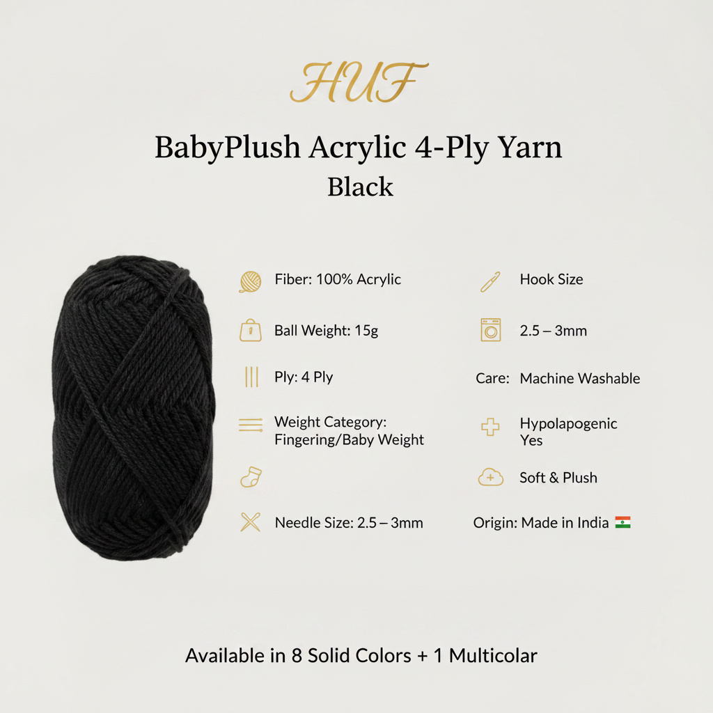HUF BabyPlush Acrylic 4 Ply Yarn specifications infographic – 15g, 4 ply, needle 2.5-3mm, Made in India