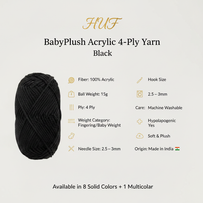 HUF BabyPlush Acrylic 4 Ply Yarn specifications infographic – 15g, 4 ply, needle 2.5-3mm, Made in India