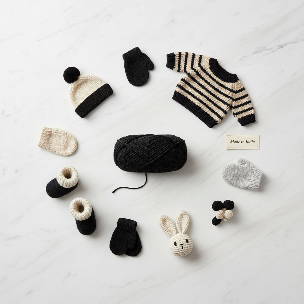 HUF BabyPlush Black yarn lifestyle – flat lay with finished baby end products