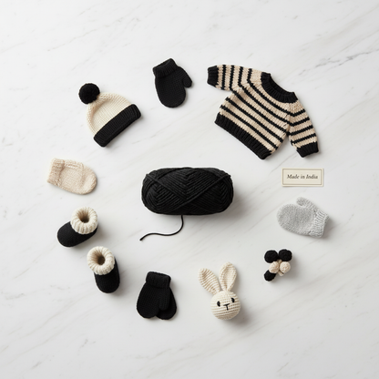 HUF BabyPlush Black yarn lifestyle – flat lay with finished baby end products
