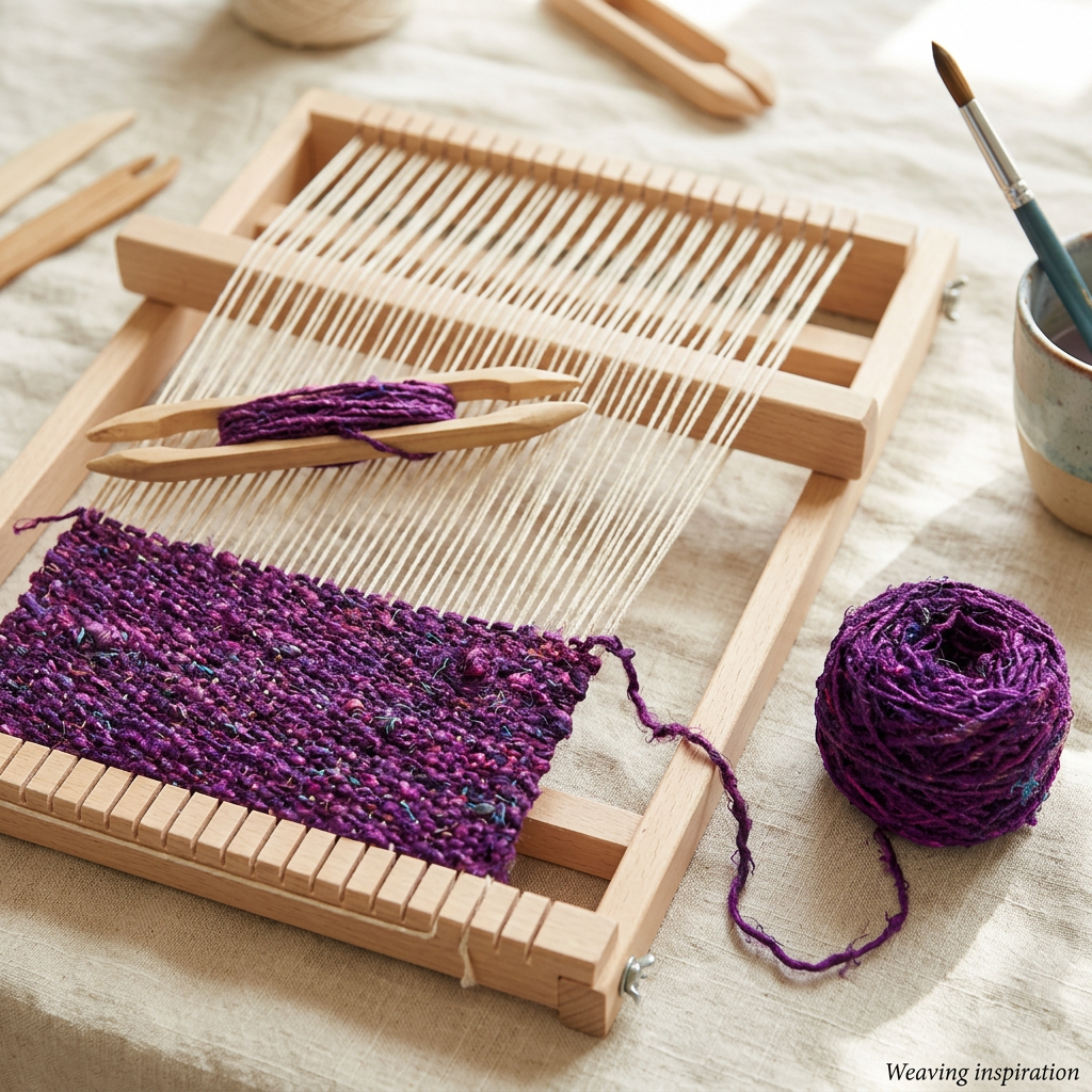 Weaving inspiration with deep purple-magenta textured recycled sari silk yarn on a small frame loom.