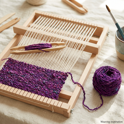 Weaving inspiration with deep purple-magenta textured recycled sari silk yarn on a small frame loom.