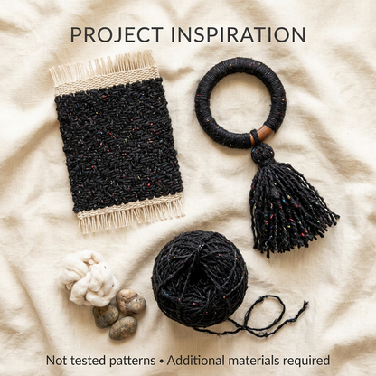 Black sari silk woven panel, wrapped bangle and tassel project inspiration; not tested patterns, additional materials required.