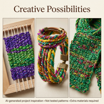 AI-generated beaded silk yarn project inspiration: woven accent, wrapped jewellery and knitted accessory detail; untested ideas, extra materials required and no guaranteed skein yield.
