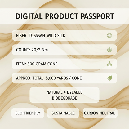 Digital Product Passport infographic showing a 500 gram cone, 1000 yards per 100 grams, approximately 5000 total yards per cone, Indian origin, natural dyeable, biodegradable, eco-friendly, sustainable, and carbon neutral