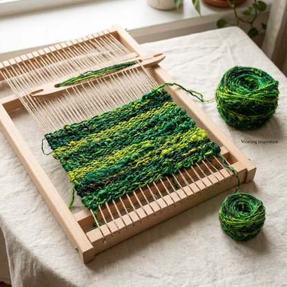 Weaving inspiration with dark and yellow-green textured recycled sari silk yarn on a small frame loom.