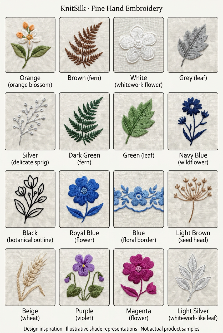 Illustrative fine hand-embroidery designs in sixteen thread shades; project inspiration, not actual product samples