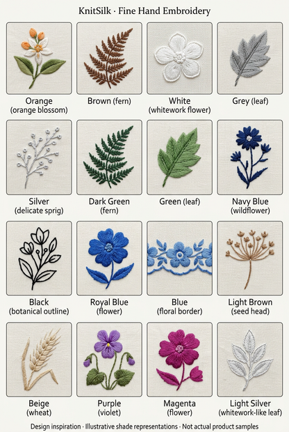 Illustrative fine hand-embroidery designs in sixteen thread shades; project inspiration, not actual product samples