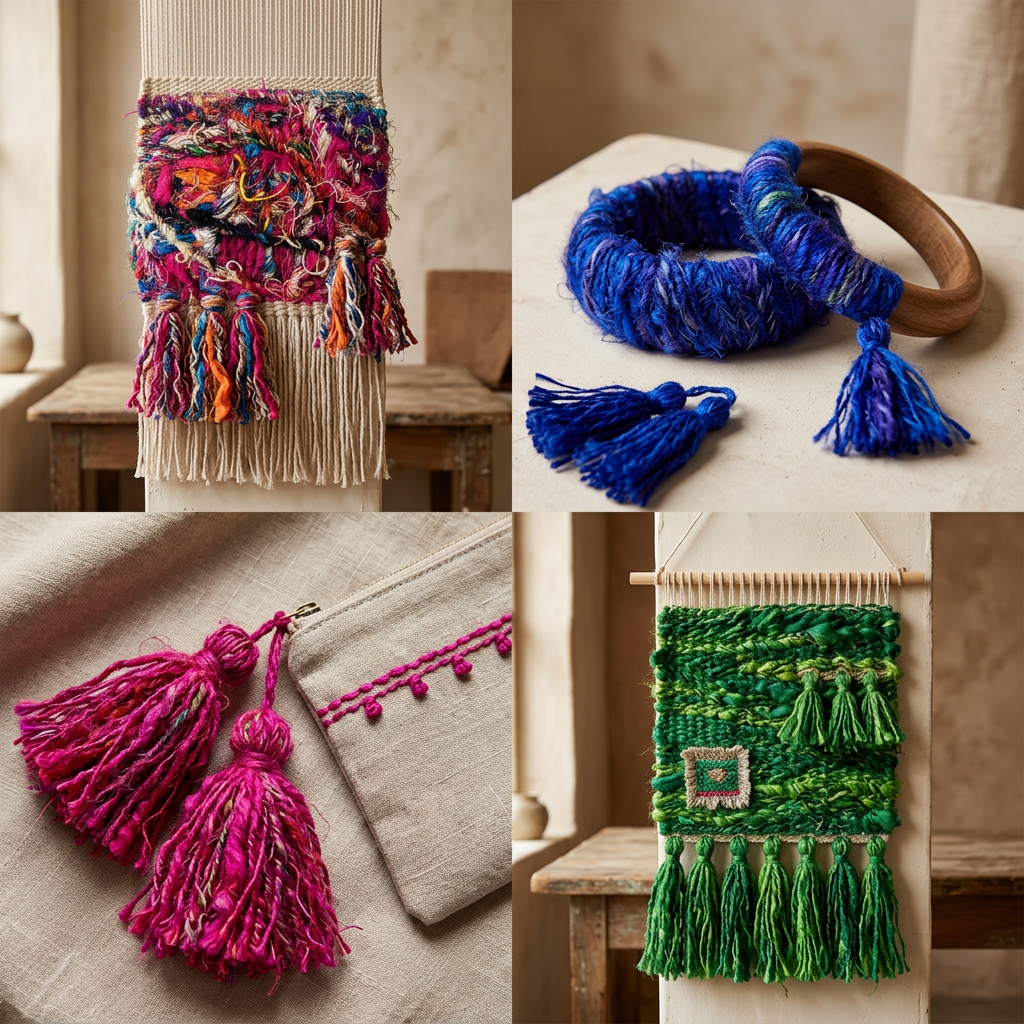 AI-generated project inspiration collage in Multicolor, Blue, Pink and Green recycled sari silk; not tested patterns or guaranteed pack yields. Additional materials required.
