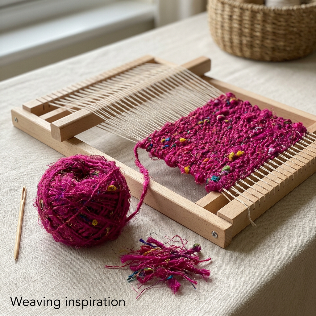 Weaving inspiration with vivid Pink textured recycled sari silk yarn on a small frame loom.