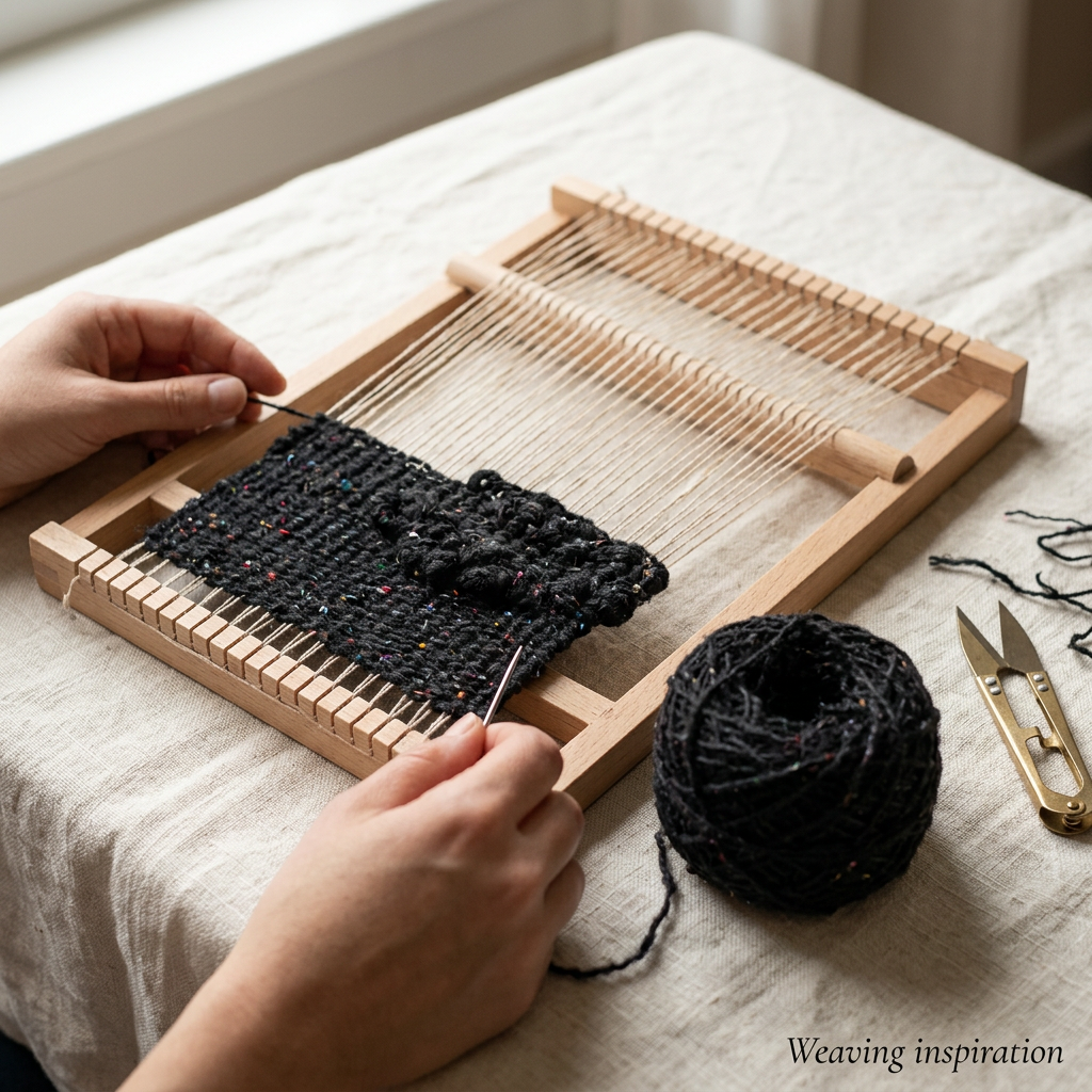 Weaving inspiration with near-black textured recycled sari silk yarn on a small frame loom.